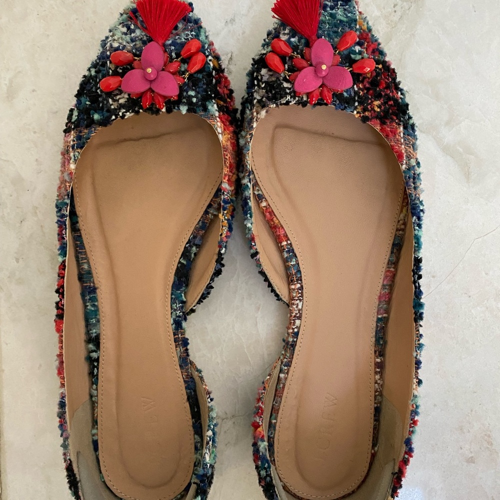 J Crew Tweed Tassel Flats, size 10
